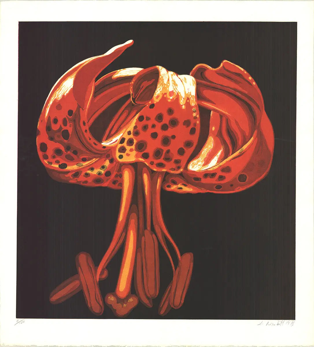 Signed limited edition Lowell Nesbitt botanical aquatint etching of a lily, created in 1973, showcasing vibrant floral details.