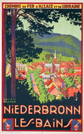 Vintage 1930 Niederbronn Les Bains French Railway lithograph poster by Lucien Blum, featuring scenic artwork of a historic spa town.