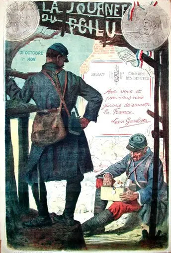 Original 1915 Lucien Jonas La Journee du Poilu war poster, depicting soldiers in a patriotic scene by the artist Lucien Jonas.
