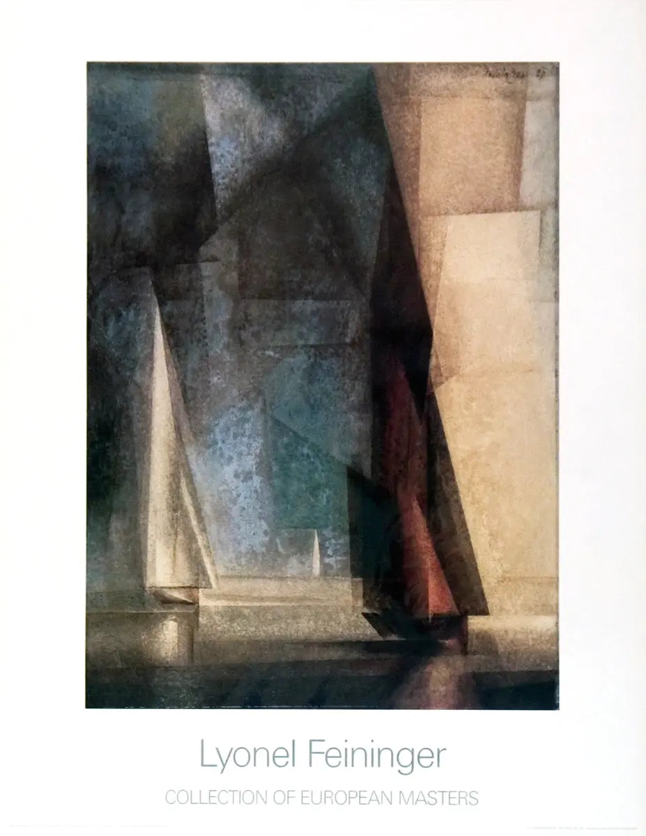Lyonel Feininger Stiller Tag am Meer III 1985 exhibition poster featuring abstract artwork and vibrant colors by the artist.
