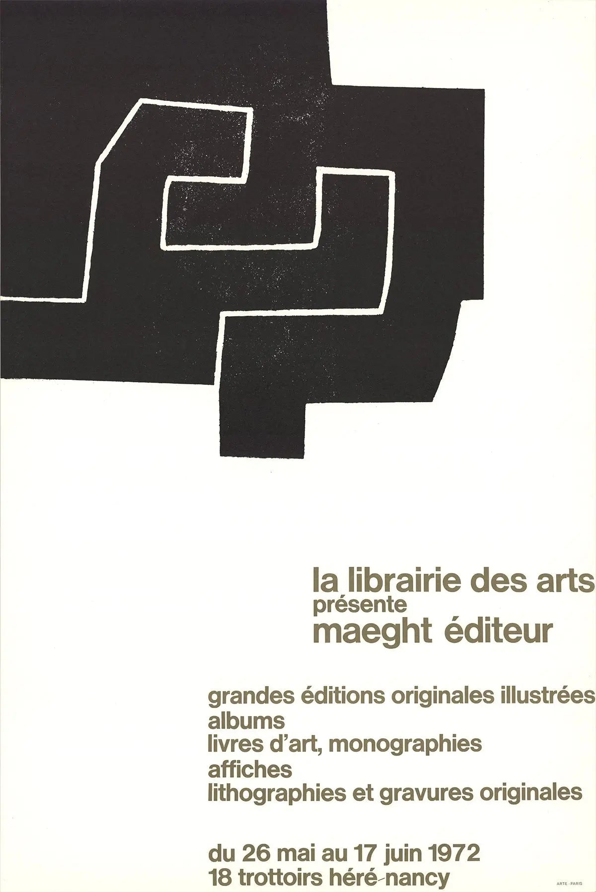 Original lithograph poster by Eduardo Chillida, La Librairie des Arts 1972, published by Maeght Editeur, showcasing abstract artwork.