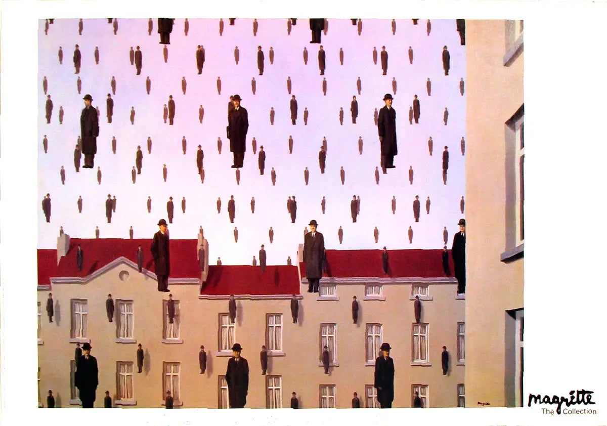 Rene Magritte Golconde 1953 surrealist offset lithograph art poster featuring abstract figures, from the 1989 art print collection.
