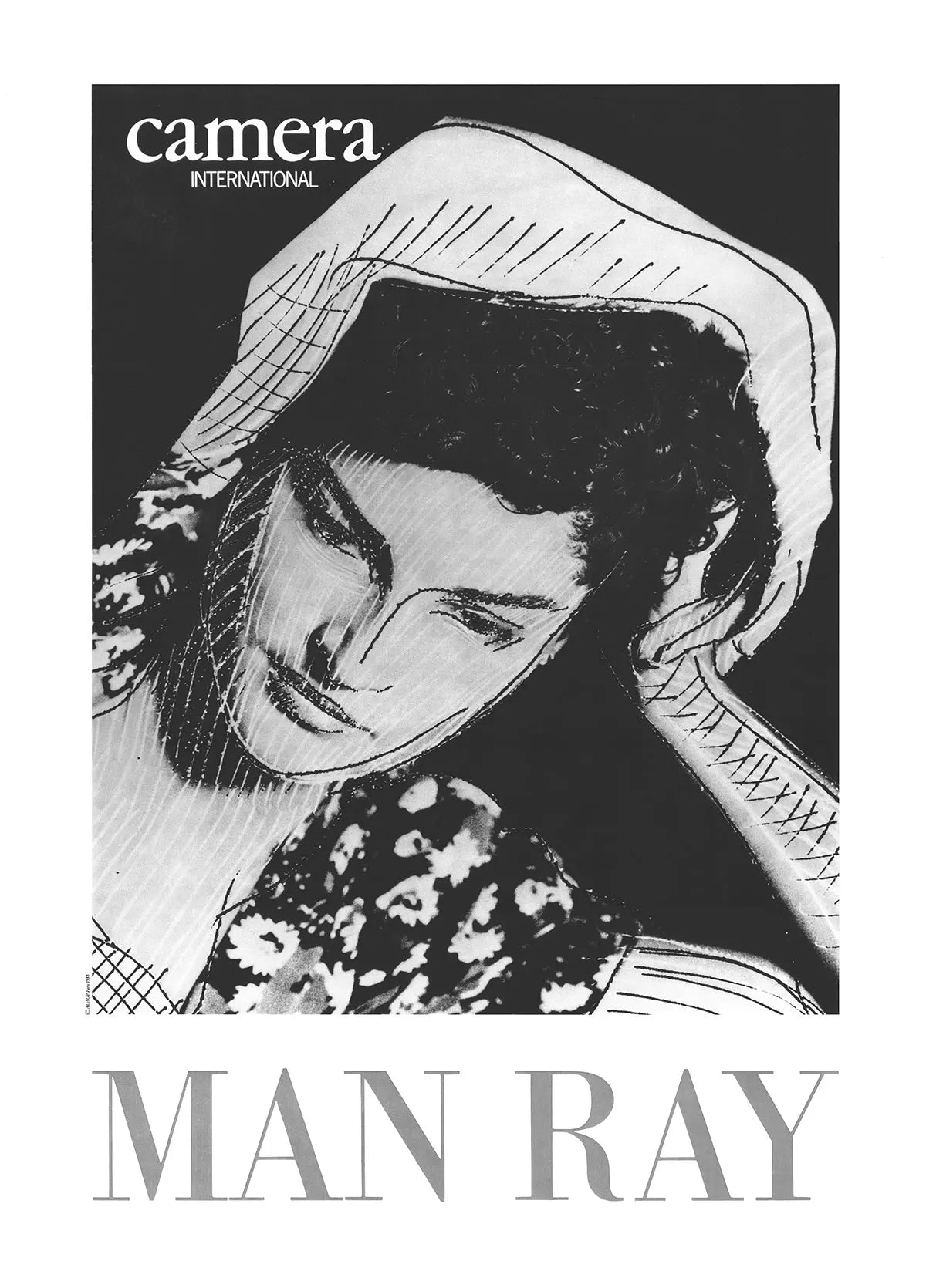 Vintage Man Ray camera lithograph exhibition poster from 1985, showcasing a vintage offset print design with artistic photography elements.