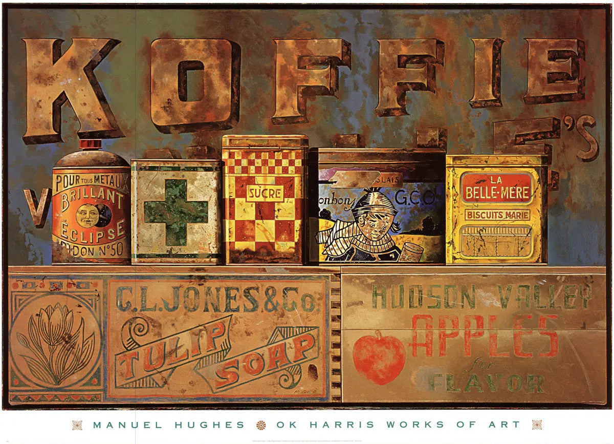 Vintage coffee containers lithograph art poster by Manuel Hughes featuring retro coffee canisters in a colorful offset print style.