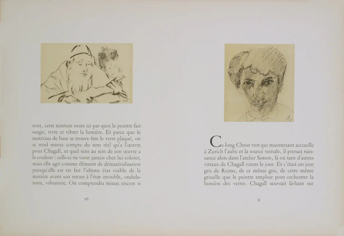 Original double-page lithograph art by Marc Chagall titled Dans L'Atelier from 1960, showcasing vibrant, expressive artwork.