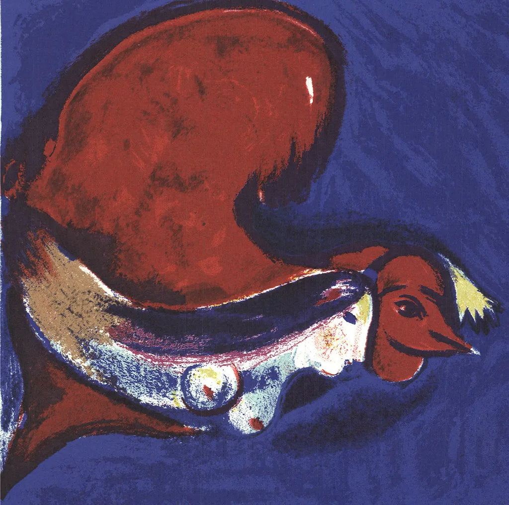 Marc Chagall La Femme au Coq Rouge 1964 stone lithograph print featuring vibrant colors and abstract female figure with a rooster.
