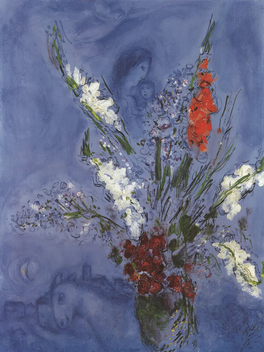 Marc Chagall Les Glaieuls 2002 offset lithograph floral art poster showcasing vibrant flowers and Chagall's signature style.