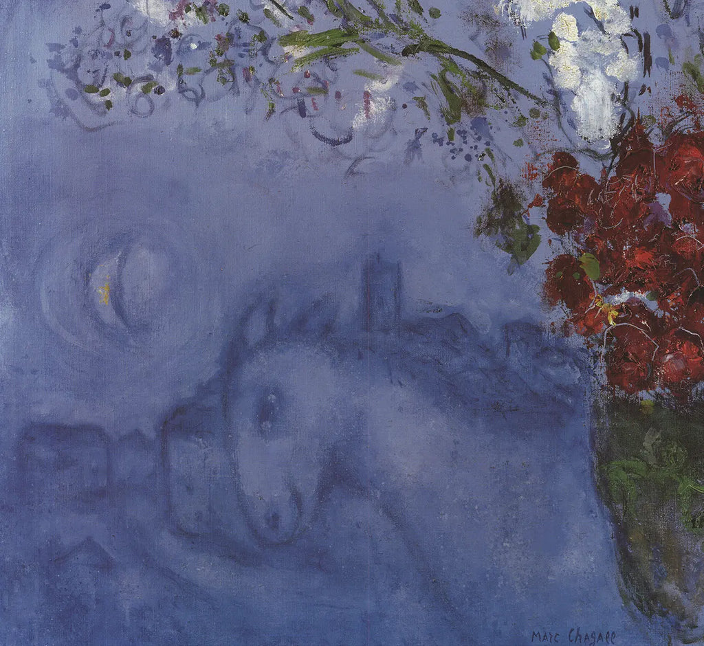 Marc Chagall Les Glaieuls 2002 offset lithograph floral art poster showcasing vibrant flowers and colorful abstract design.