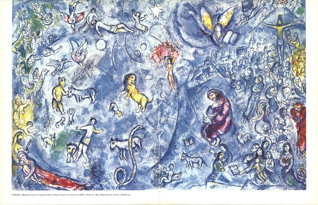 Marc Chagall lithograph print of Maquette pour le vitrail La Paix, showcasing vibrant colors and detailed artwork by the artist.