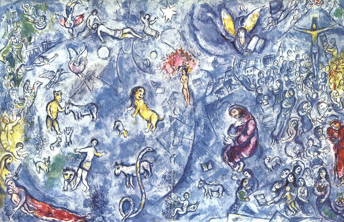 Marc Chagall lithograph print of Maquette pour le vitrail La Paix, showcasing vibrant colors and intricate design by the artist.