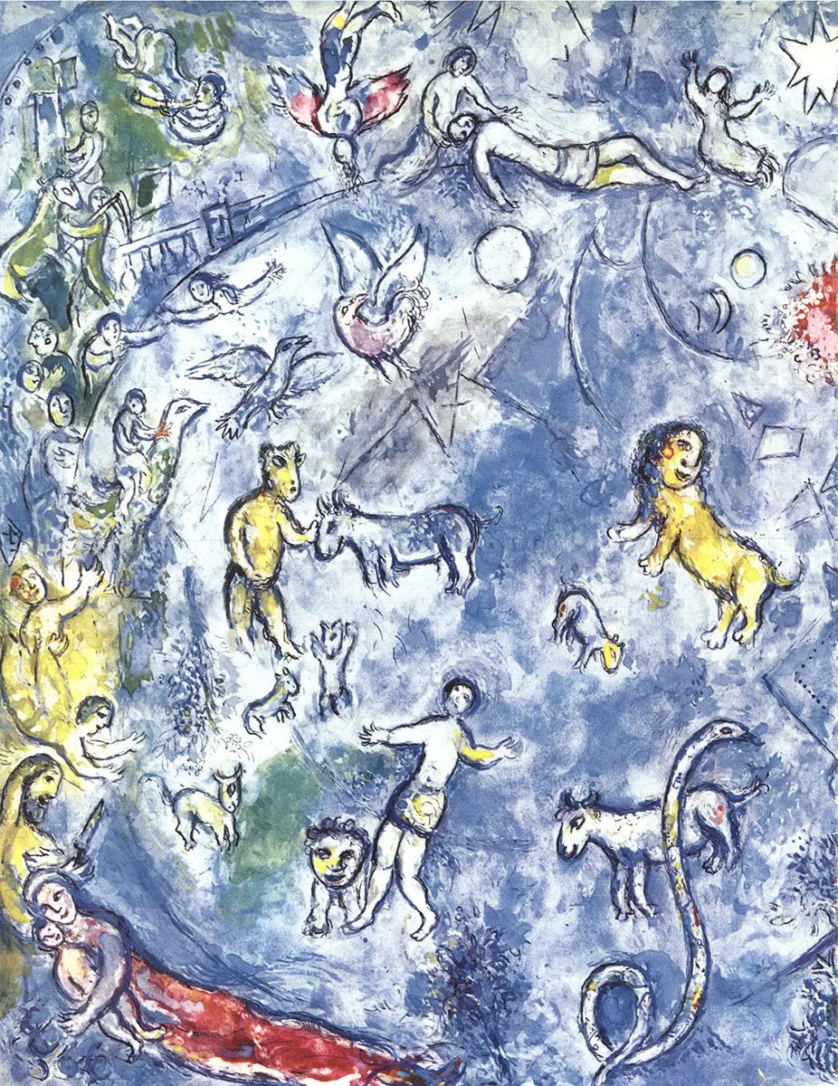 Marc Chagall lithograph print of Maquette pour le vitrail La Paix, showcasing vibrant colors and intricate design by the artist.