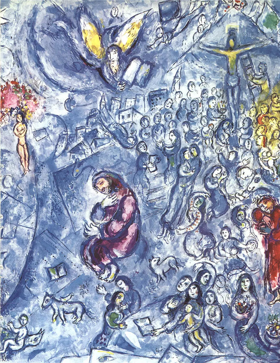 Marc Chagall lithograph print of the maquette for the La Paix stained glass window, showcasing vibrant colors and detailed artwork.