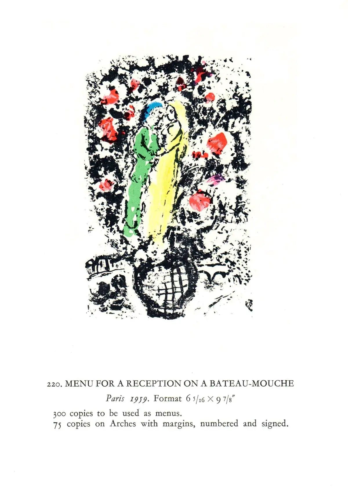 Lithograph by Marc Chagall titled "Menu Pour Reception sur le Bateau-Mouche" featuring colorful abstract sailboat scene.