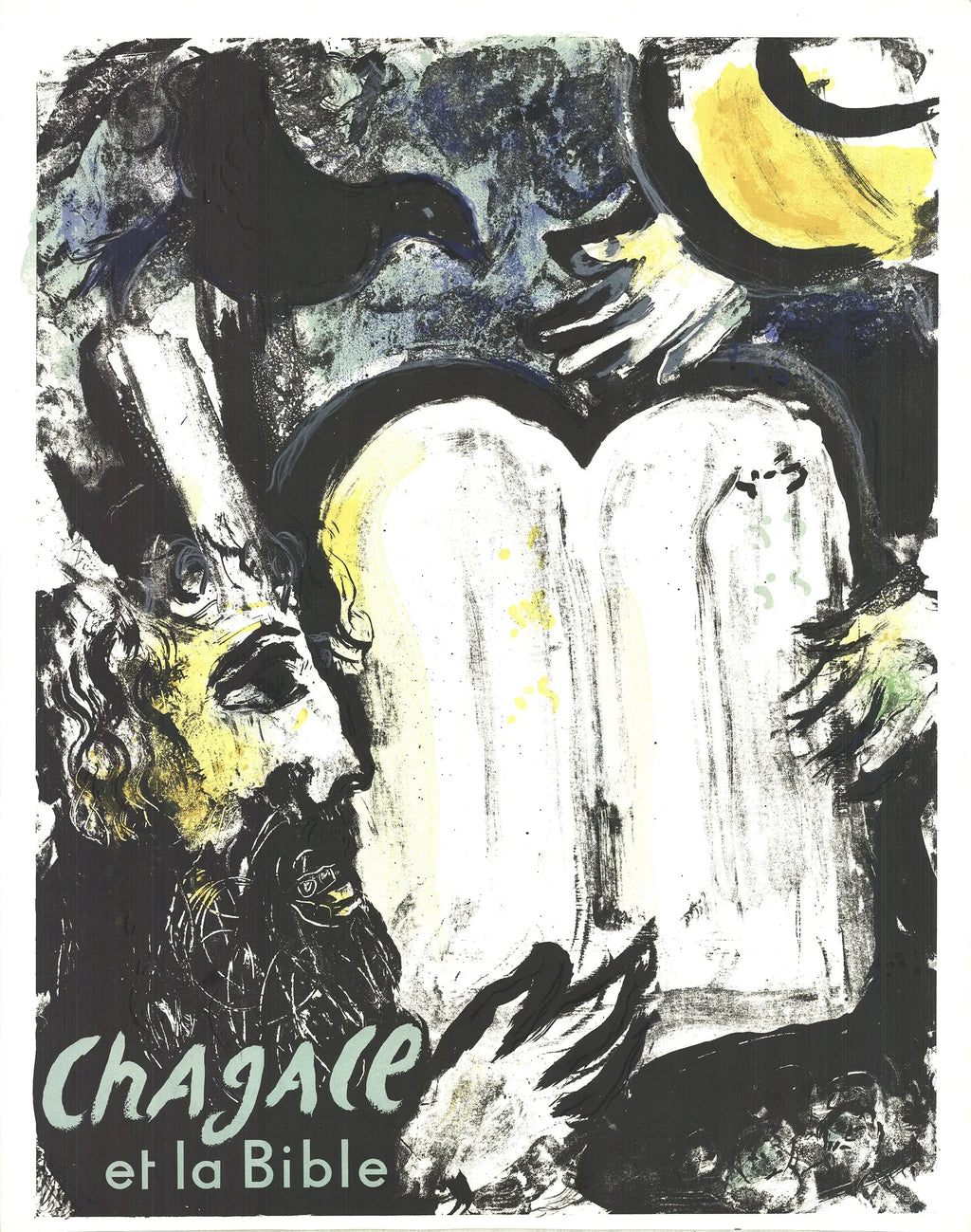 Marc Chagall lithograph titled "Moses and the Tablets of Law" from 1962, featuring vibrant biblical artwork and vivid colors.