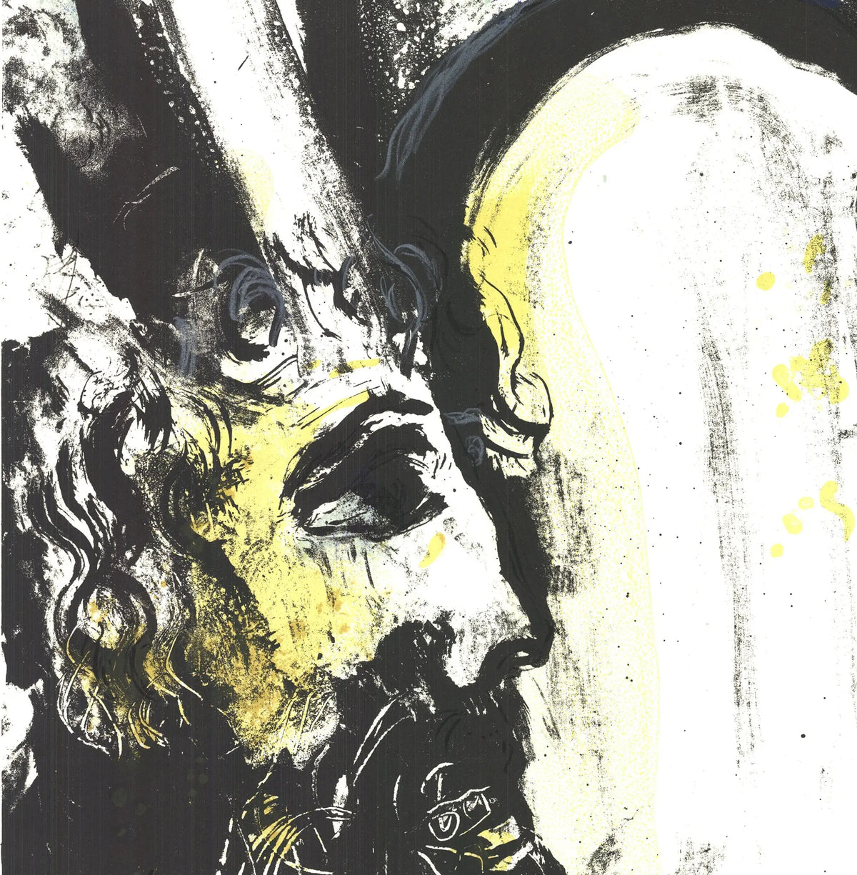 Marc Chagall lithograph of Moses holding the Tablets of Law, created in 1962, showcasing vibrant colors and expressive artwork.