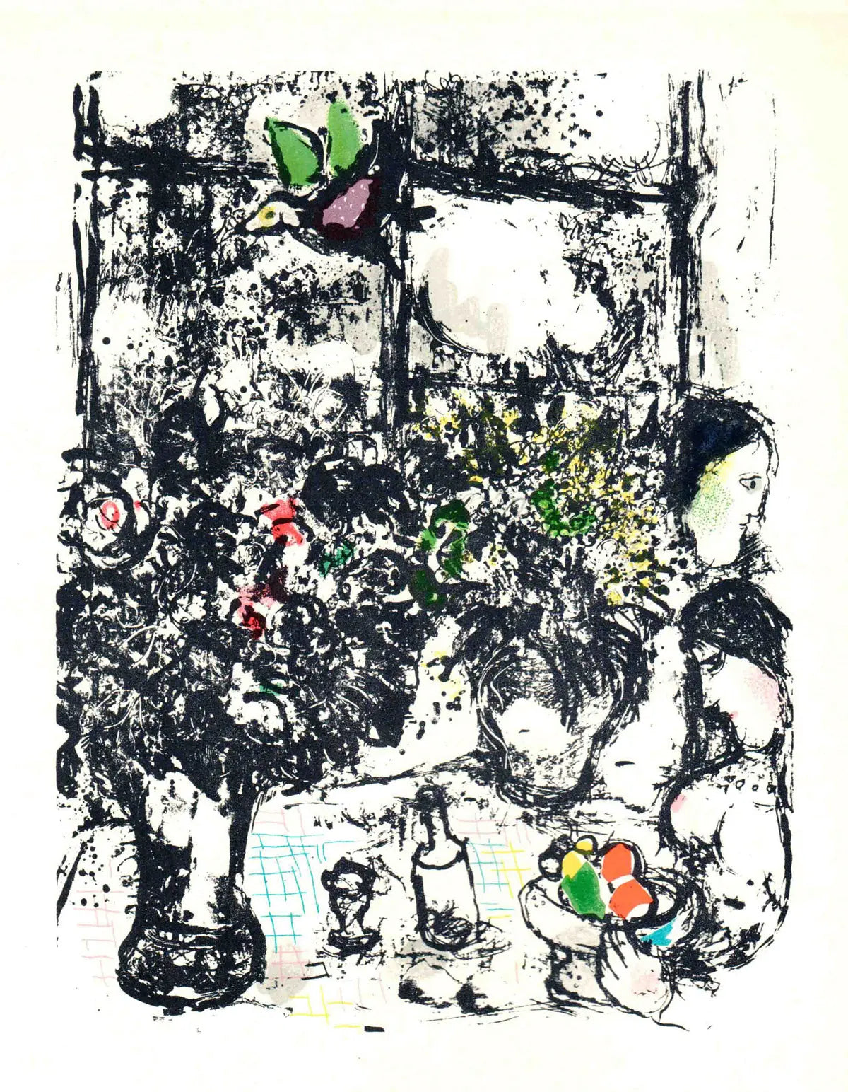 Original 1963 Marc Chagall lithograph print titled "Nature Morte Au Bouquet" showing vibrant floral still life artwork.