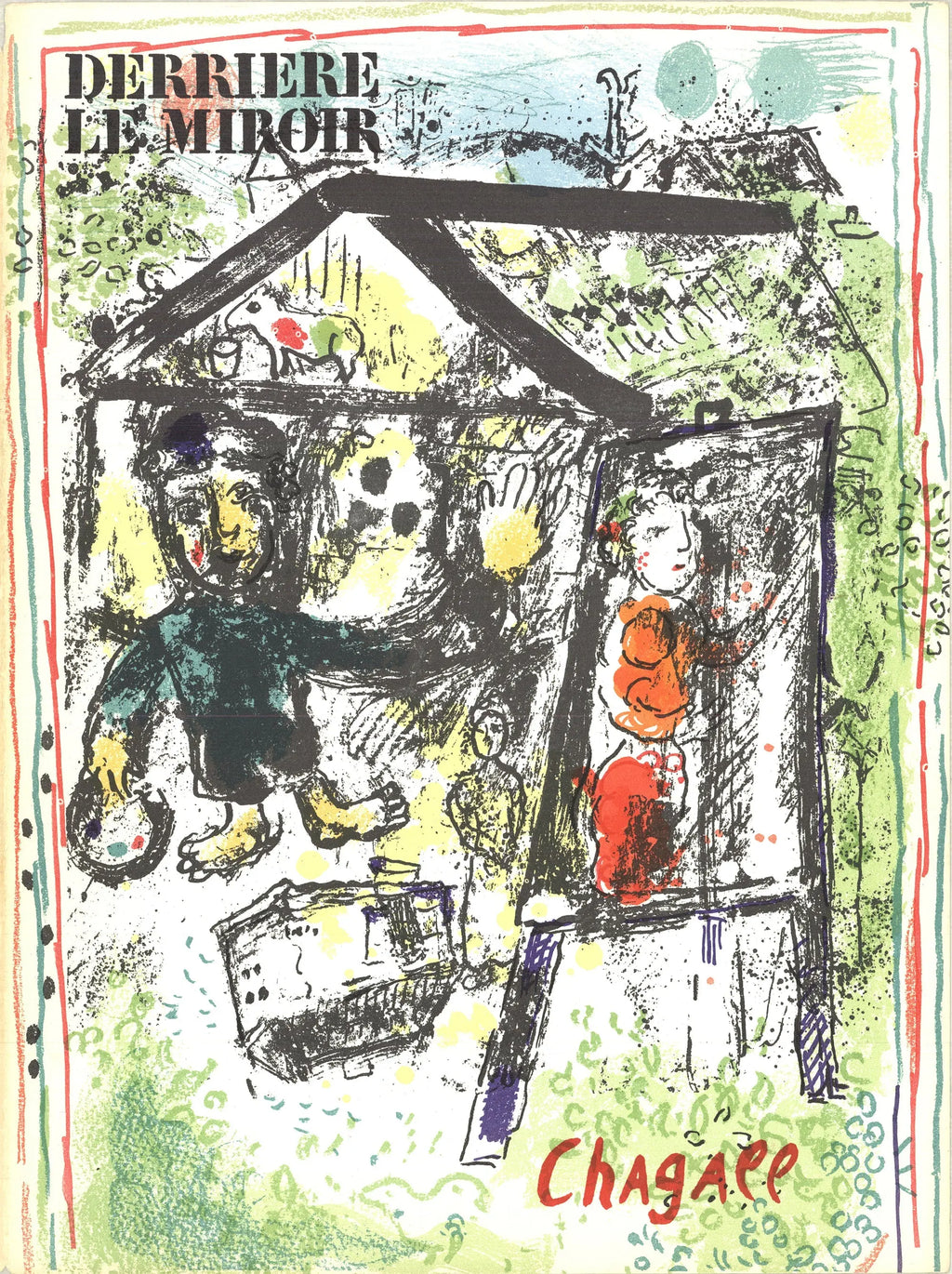Original Marc Chagall lithograph cover for Derrière Le Miroir 1969, featuring vibrant abstract artwork and bold colors.