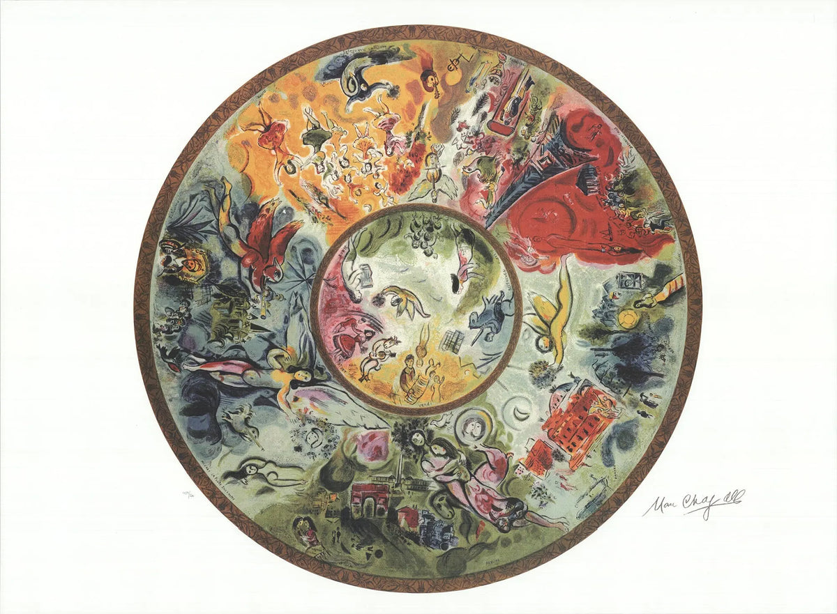 Marc Chagall Paris Opera Ceiling lithograph art poster from 1995 featuring vibrant, colorful abstract design by the artist.