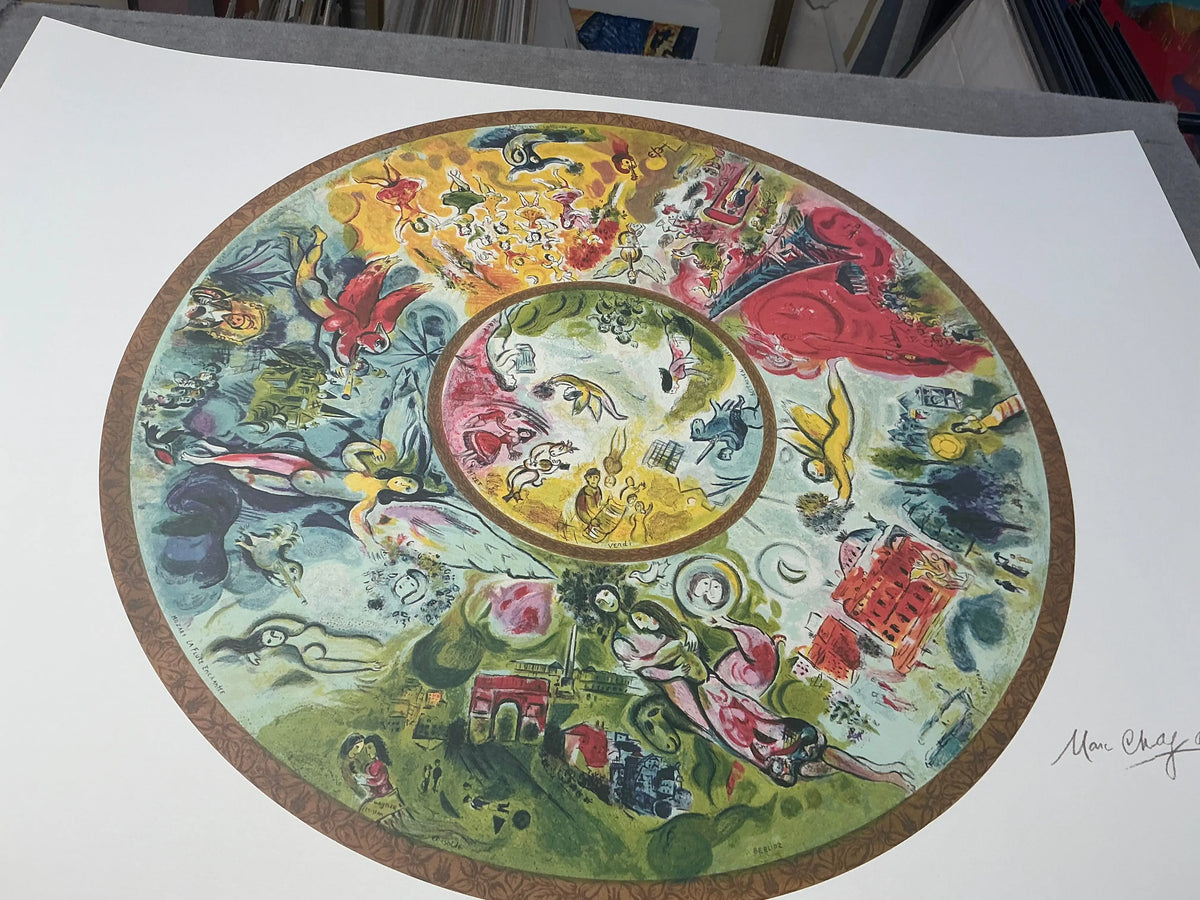 Marc Chagall Paris Opera Ceiling 1995 lithograph art poster, showcasing colorful abstract design and artistic details.