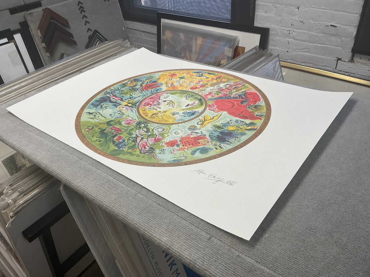 Marc Chagall Paris Opera Ceiling 1995 lithograph art poster featuring vibrant, abstract designs inspired by the famous artwork.