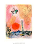 Vintage offset lithograph print of Marc Chagall's "Regards sur Paris" 1963, showcasing colorful Parisian cityscape artwork.