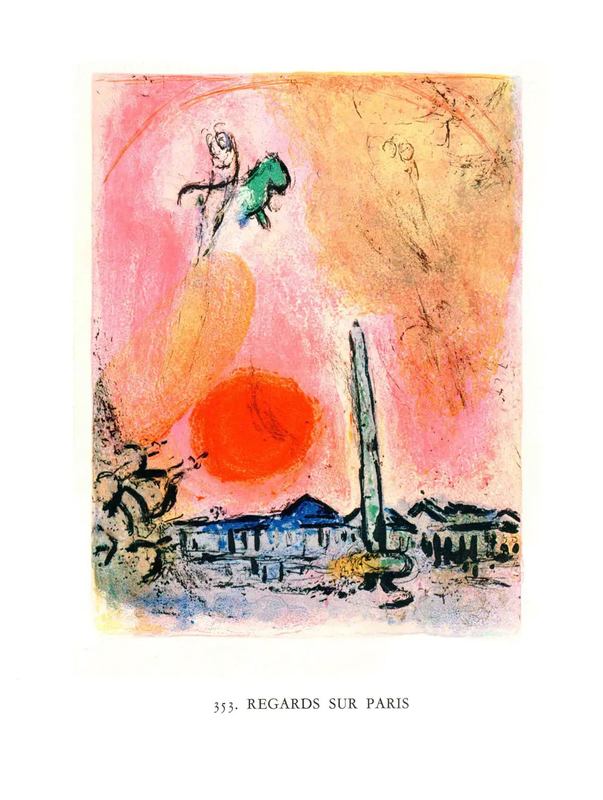 Vintage offset lithograph print of Marc Chagall's "Regards sur Paris" 1963, showcasing colorful Parisian cityscape artwork.