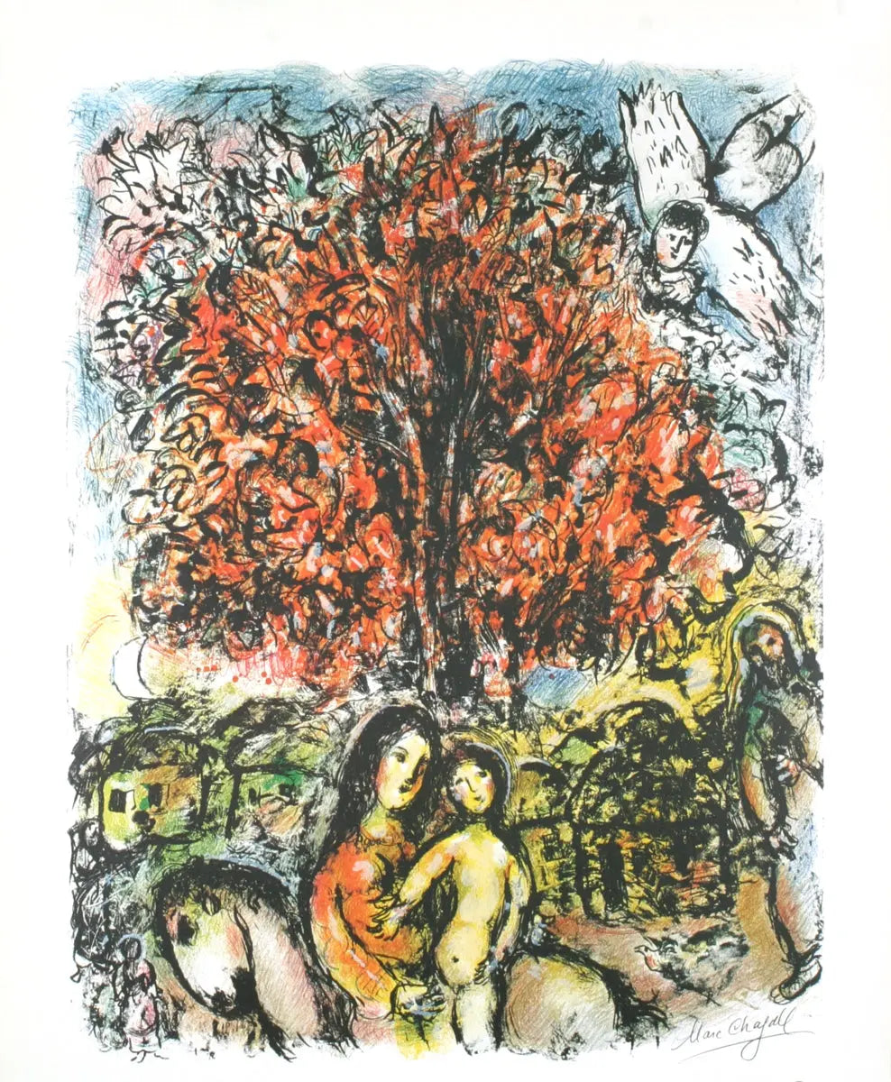 Limited edition Marc Chagall Sainte Famille 1976 lithograph poster, showcasing vibrant colors and detailed artistic design.