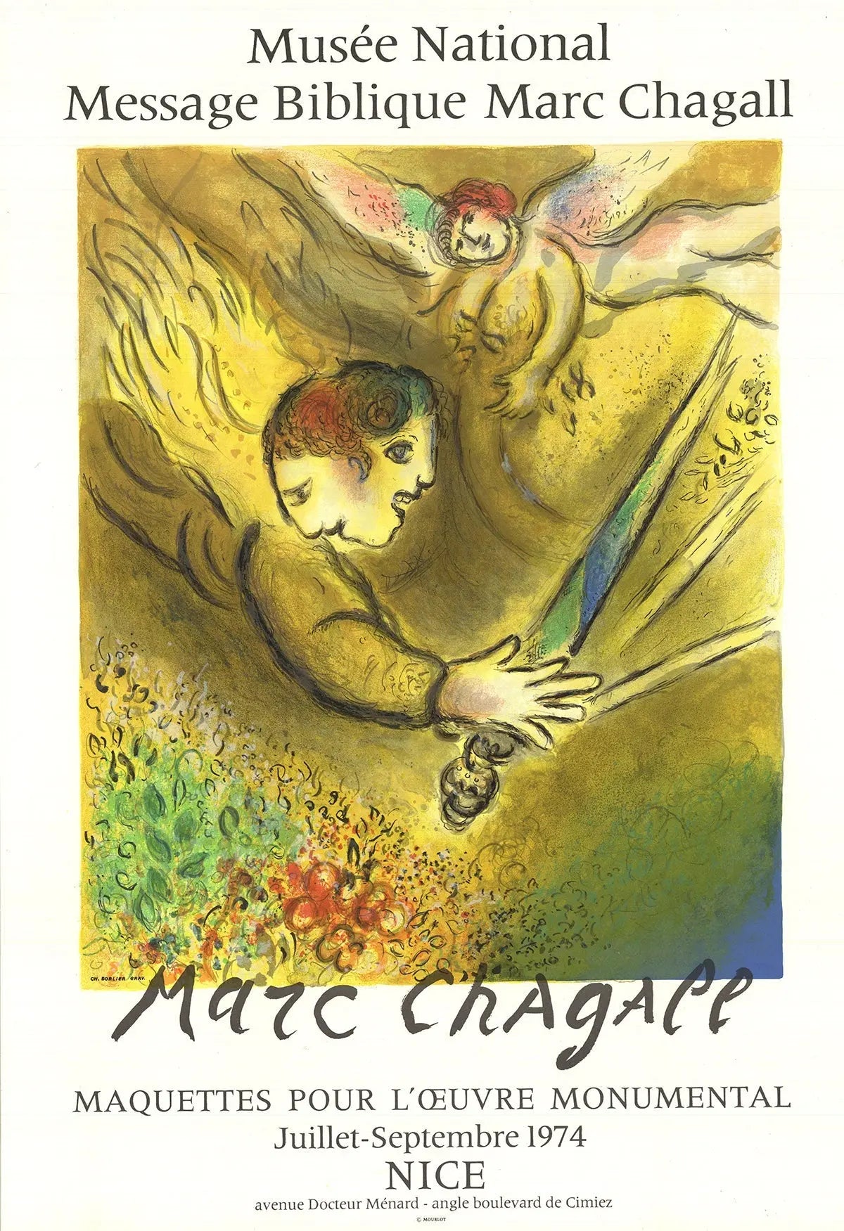 Marc Chagall lithograph poster titled "The Angel of Judgment" from 1974 exhibition, featuring vibrant colors and artistic details.