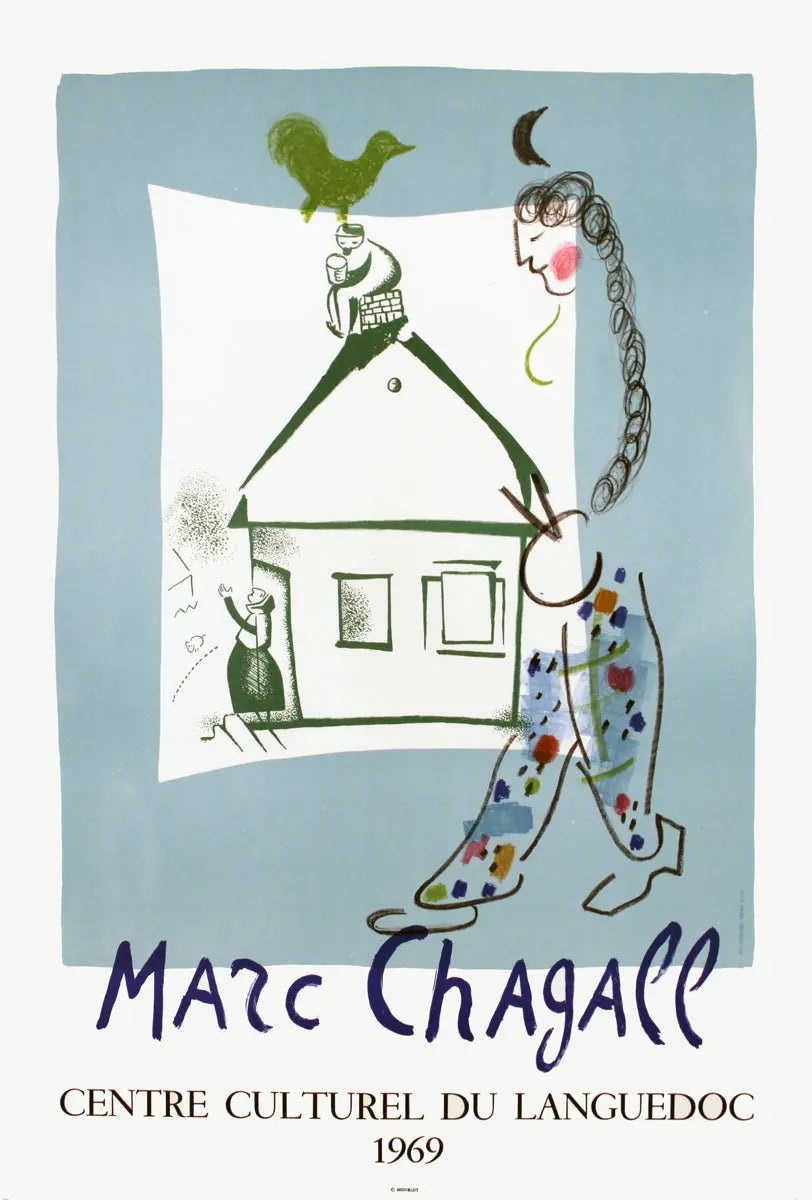 Original 1969 Marc Chagall lithograph poster titled "The House in My Village" showcasing vibrant colors and village scene artwork.