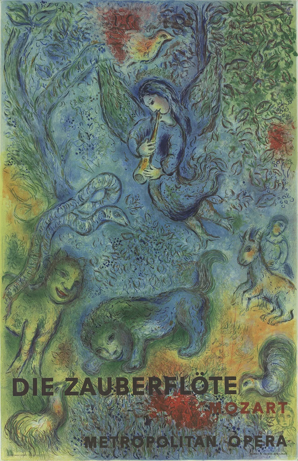 Vintage Marc Chagall lithograph poster of The Magic Flute opera from 1973, featuring colorful artistic design and theatrical imagery.