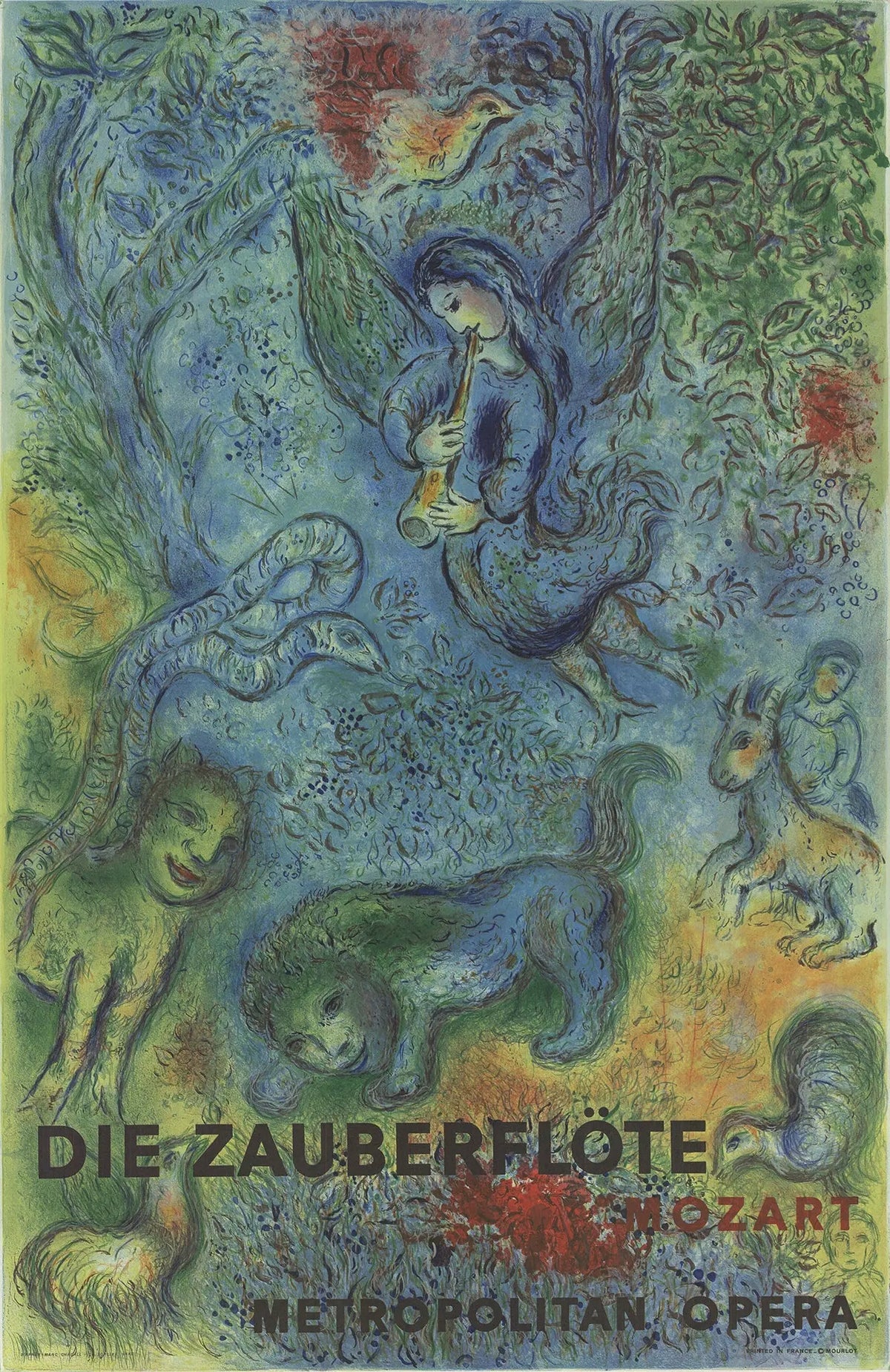 Vintage Marc Chagall lithograph poster of The Magic Flute opera from 1973, featuring colorful artistic design and theatrical imagery.