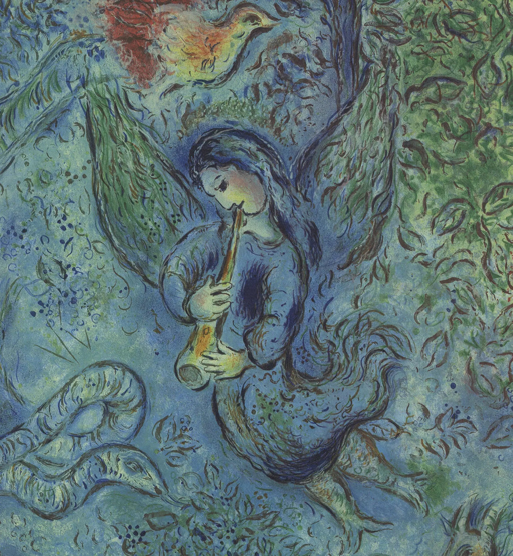 Vintage Marc Chagall lithograph poster of The Magic Flute opera from 1973, featuring colorful, surreal art in a classic opera scene.
