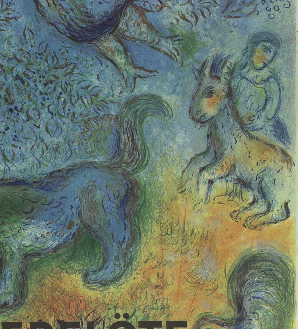 Vintage 1973 Marc Chagall lithograph art poster featuring The Magic Flute opera scene with vibrant colors and surreal imagery.