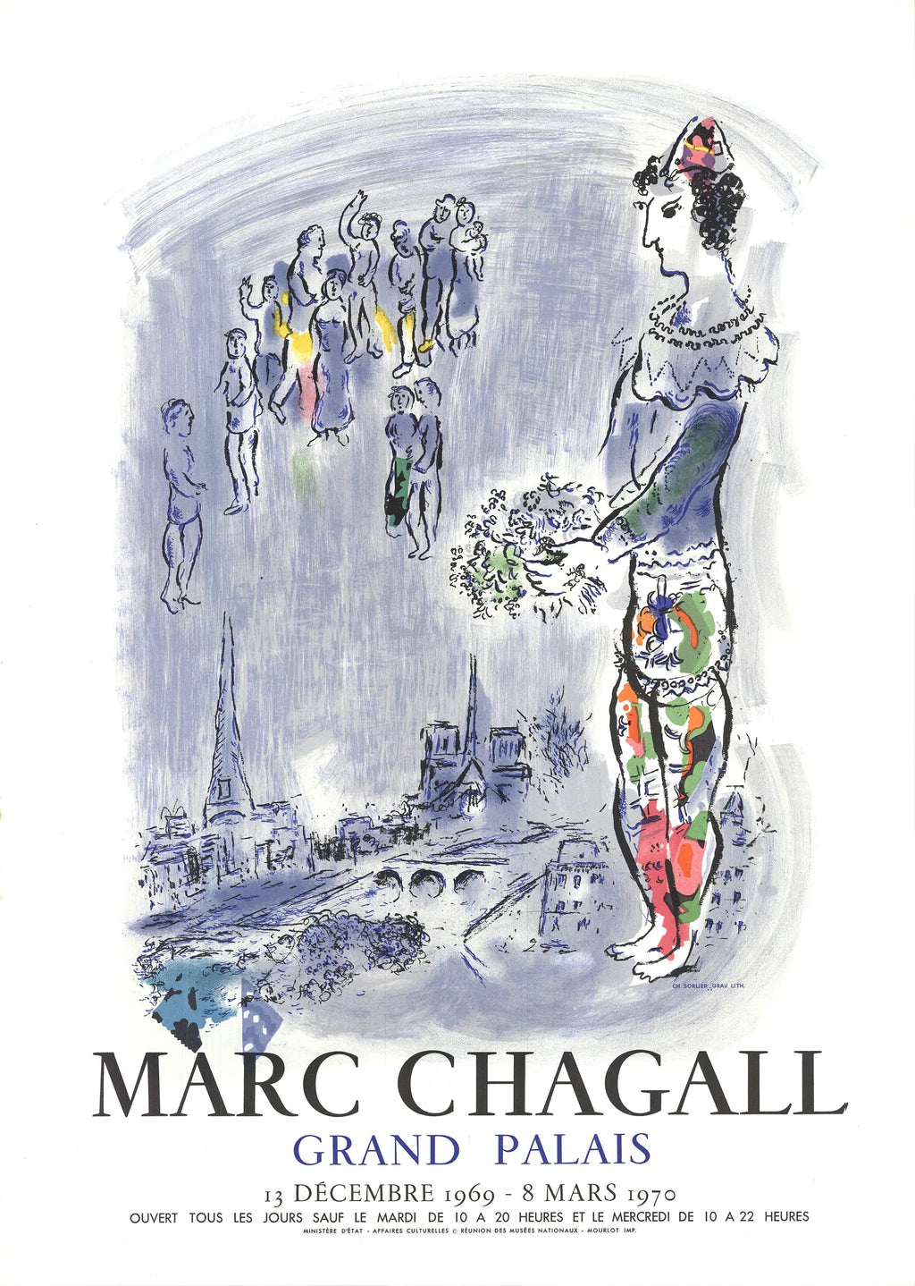 Marc Chagall lithograph art poster titled The Magician Of Paris 1970 Exhibition, featuring vibrant colors and artistic design.