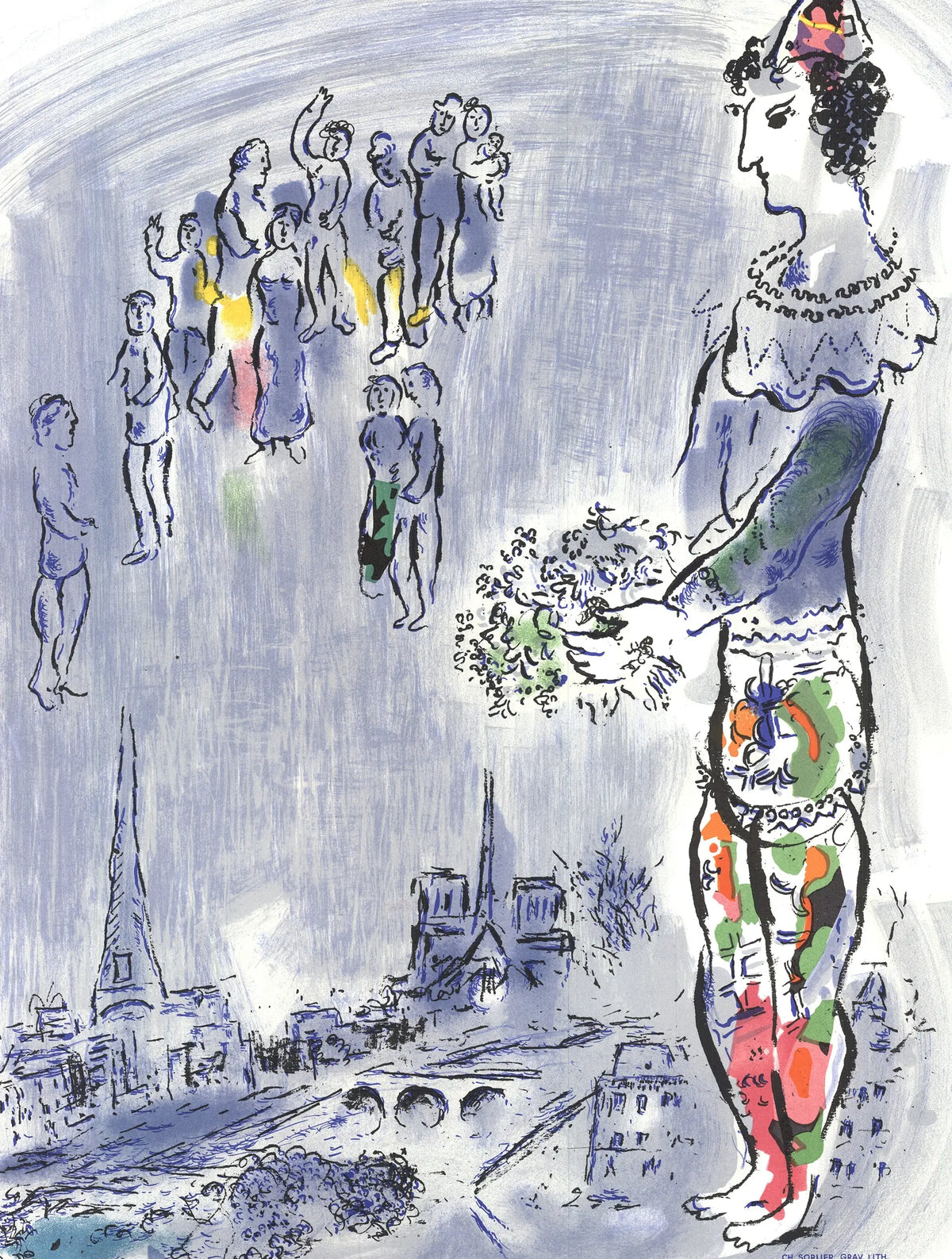 Marc Chagall lithograph art poster titled "The Magician of Paris" from the 1970 exhibition, showcasing colorful Chagall artwork.