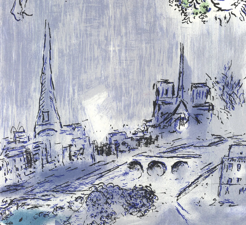 Marc Chagall lithograph art poster titled "The Magician of Paris" from the 1970 exhibition, featuring colorful abstract design.