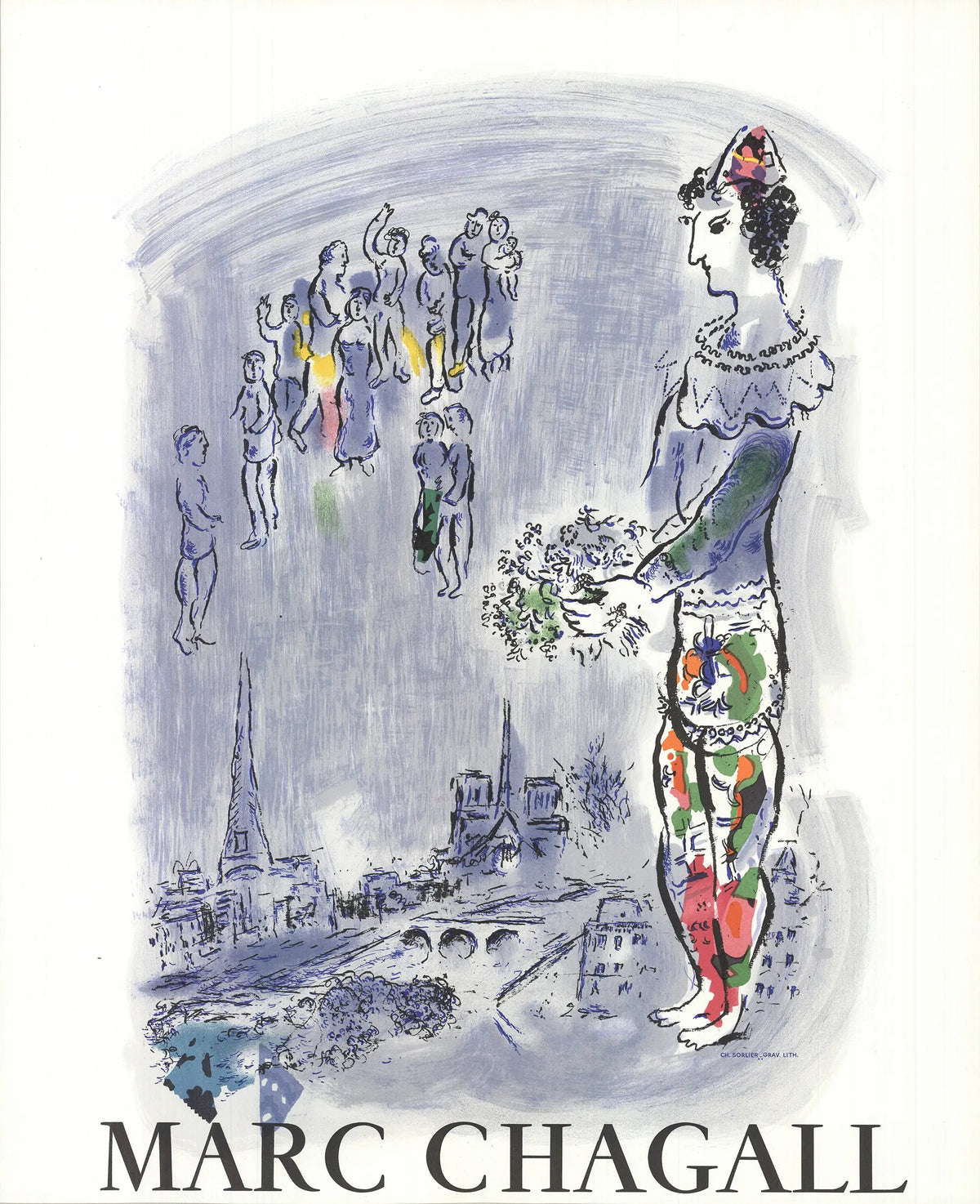 Vintage lithograph poster of Marc Chagall's The Magician of Paris 1970, showcasing colorful artwork and artistic details.