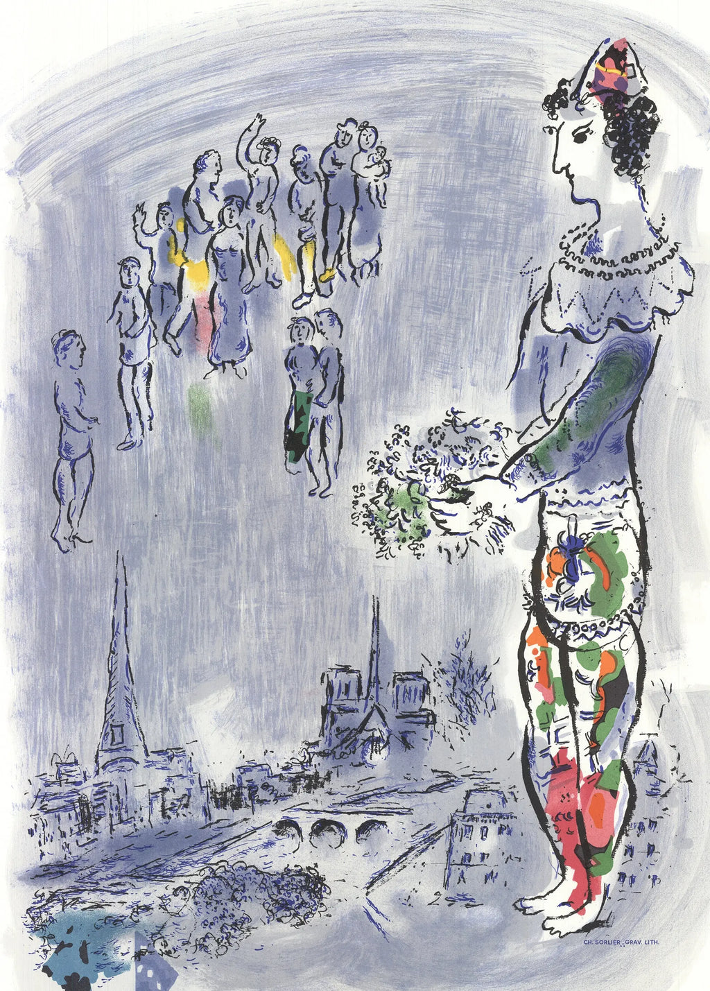 Vintage Marc Chagall lithograph poster titled The Magician of Paris, 1970, featuring vibrant colors and surreal artistic design.