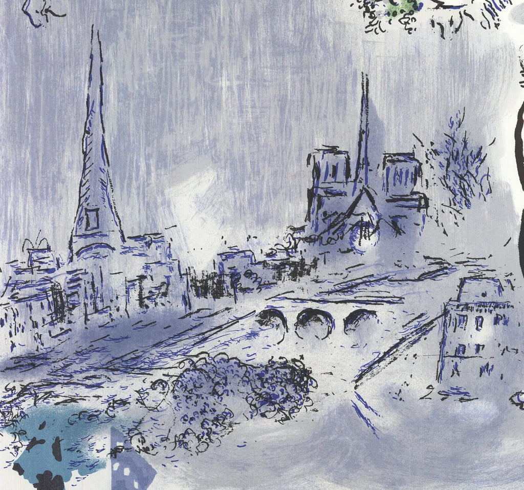 Vintage Marc Chagall lithograph poster titled The Magician of Paris 1970, featuring vibrant colors and surreal artistic imagery.