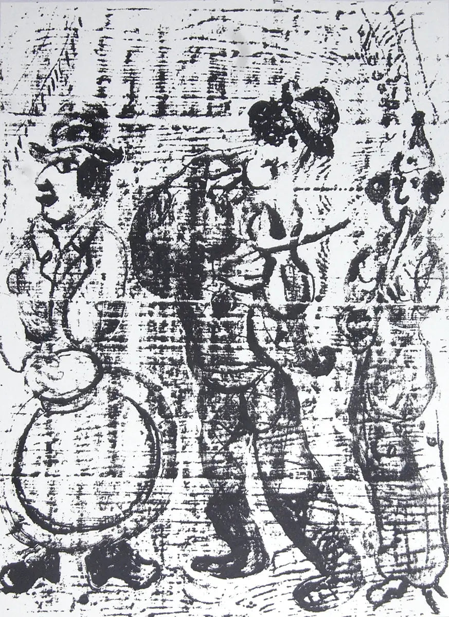 Original lithograph art print of Marc Chagall's The Wandering Musicians from 1963, showcasing vibrant colors and artistic detail.