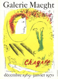 Original lithograph exhibition poster by Marc Chagall featuring The Yellow Background from 1969, showcasing vibrant artistic imagery.