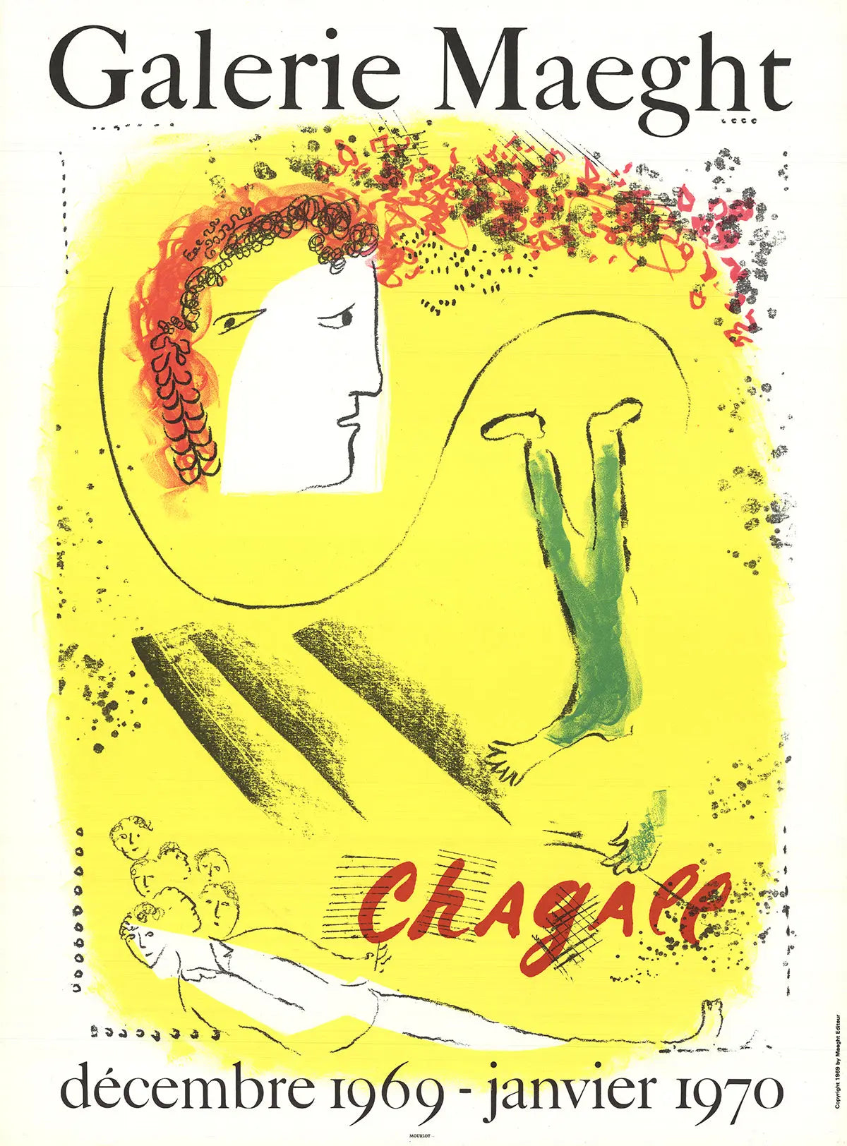 Original lithograph exhibition poster by Marc Chagall featuring The Yellow Background from 1969, showcasing vibrant artistic imagery.