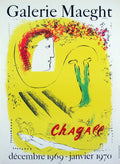 Original lithograph exhibition poster by Marc Chagall featuring The Yellow Background from 1969, showcasing vibrant colors and artistic design.