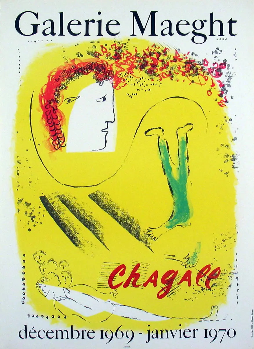 Original lithograph exhibition poster by Marc Chagall featuring The Yellow Background from 1969, showcasing vibrant colors and artistic design.