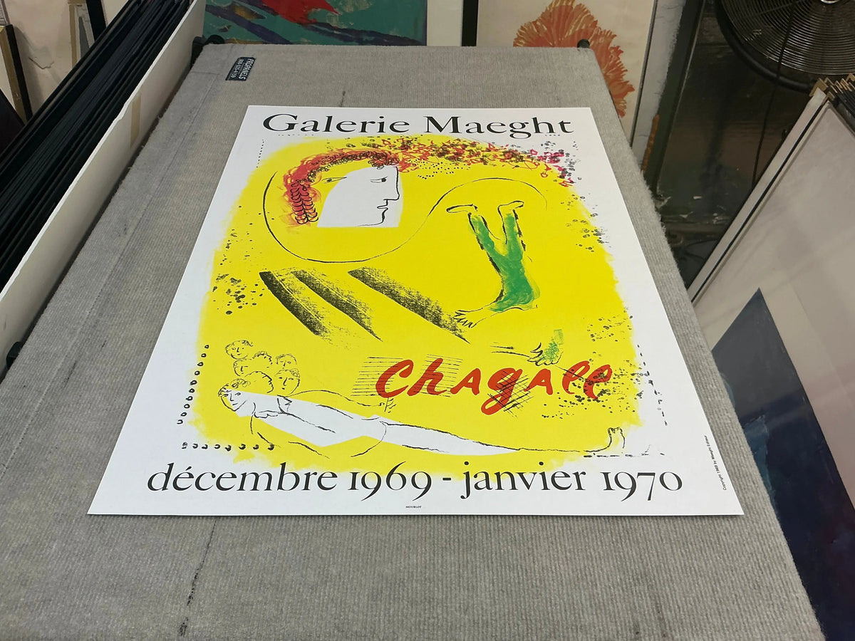 Marc Chagall original lithograph exhibition poster titled "The Yellow Background" from 1969, featuring vibrant colors and artistic design.
