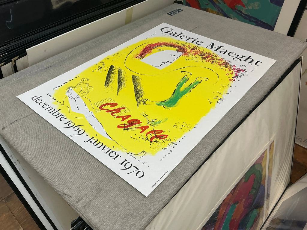 Original Marc Chagall lithograph exhibition poster featuring "The Yellow Background" from 1969, displayed with vibrant colors.