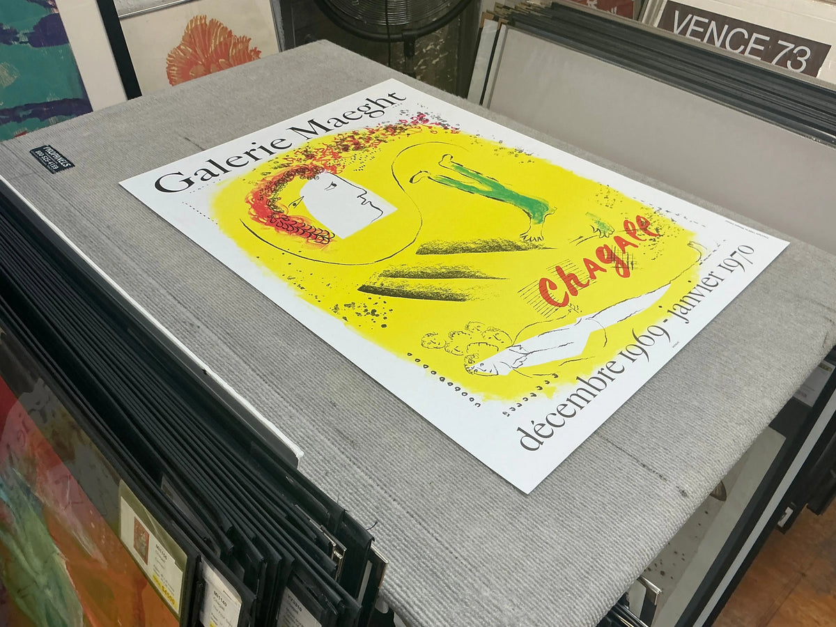 Marc Chagall The Yellow Background 1969 original lithograph exhibition poster showing vibrant yellow background and abstract art style.