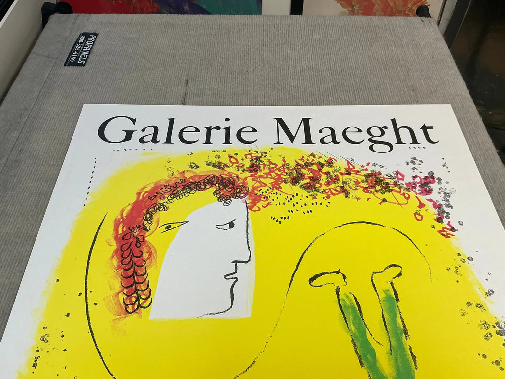 Original lithograph exhibition poster by Marc Chagall featuring a yellow background from 1969.