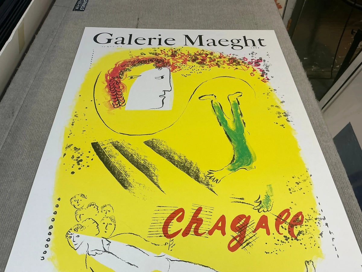 Original lithograph exhibition poster by Marc Chagall featuring a yellow background, created in 1969.