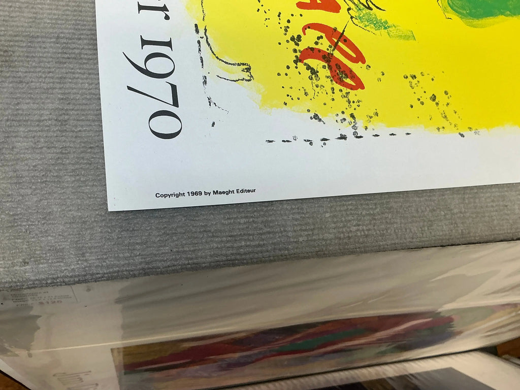 Original lithograph exhibition poster by Marc Chagall, "The Yellow Background" 1969, featuring vibrant colors and artistic design.